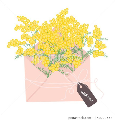 Bouquet of yellow mimosa in envelope. Spring mood. Floral illustration in a soft, elegant style for spring holidays Bouquet of yellow mimosa in envelope. Spring mood. Floral illustration in a soft, elegant style for spring holidays 140229338