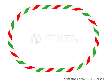Candy cane round frame. Christmas ribbon with red, green and white stripes. Greeting card with New Year or Christmas decorating border 140229351
