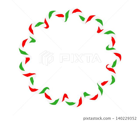 Candy cane round frame. Christmas ribbon with red, green and white stripes. Greeting card with New Year or Christmas decorating border 140229352