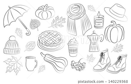 Cozy autumn doodle set. Hand drawn fall clipart with leaves, pumpkins, candle, pie and seasonal elements. Perfect for season designs, harvest festival and coloring activities Cozy autumn doodle set. Hand drawn fall clipart with leaves, pumpkins, candle, pie and seasonal elements. Perfect for season designs, harvest festival and coloring activities 140229368