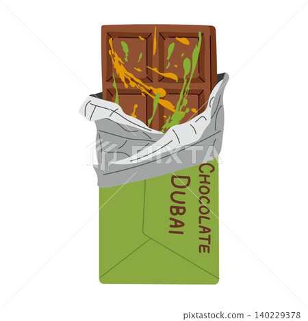 Dubai chocolate bar with pistachio paste filling in packaging. Luxury gourmet dessert. Premium handmade chocolate, cocoa dessert Dubai chocolate bar with pistachio paste filling in packaging. Luxury gourmet dessert. Premium handmade chocolate, cocoa dessert 140229378