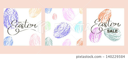 Easter sale social media templates with pastel egg decorations.Minimalist promotional banners Easter sale social media templates with pastel egg decorations.Minimalist promotional banners 140229384