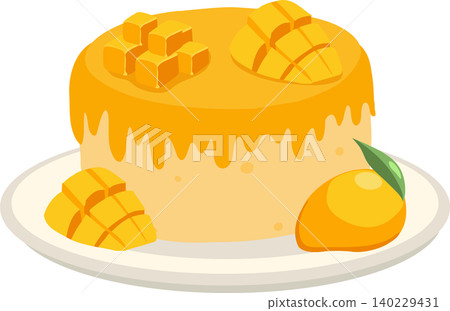 mango cake with fresh sliced mango and cubes on plate for bakery dessert, birthday cake, or tropical fruit artwork mango cake with fresh sliced mango and cubes on plate for bakery dessert, birthday cake, or tropical fruit artwork 140229431