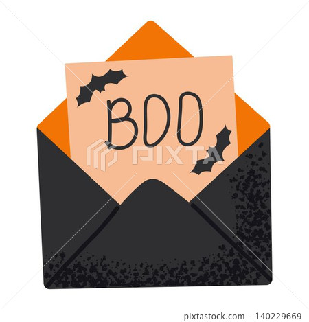 Halloween card featuring in black envelope with bats and bold boo lettering. Perfect for October party planning and seasonal designs Halloween card featuring in black envelope with bats and bold boo lettering. Perfect for October party planning and seasonal designs 140229669