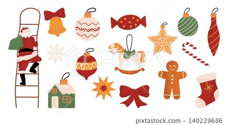 Large set of Christmas tree baubles and decorations. Collection of beautiful decorative toys. Christmas ornaments Large set of Christmas tree baubles and decorations. Collection of beautiful decorative toys. Christmas ornaments 140229686