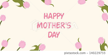 Mothers Day banner with pink tulips and handwritten text. Elegant design with pastel flowers and typography 140229733