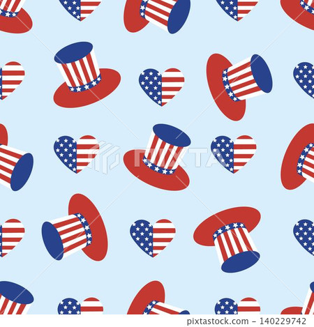 Patriotic seamless pattern with uncle Sam hats and American hearts. Perfect for U.S. patriotic designs, fabric prints, and festive backgrounds Patriotic seamless pattern with uncle Sam hats and American hearts. Perfect for U.S. patriotic designs, fabric prints, and festive backgrounds 140229742