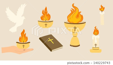 Pentecost Sunday elements dove of peace, flames of the Holy Spirit, Bible, burning candles, chalice, and open hand. Perfect for church invitations or holiday graphics Pentecost Sunday elements dove of peace, flames of the Holy Spirit, Bible, burning candles, chalice, and open hand. Perfect for church invitations or holiday graphics 140229743
