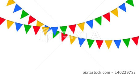Red, green, yellow and blue flag garland. Triangle pennants chain. Festa Junina party decoration. Celebration flags for decor 140229752