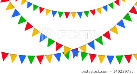 Red, green, yellow and blue flag garland. Triangle pennants chain. Festa Junina party decoration. Celebration flags for decor Red, green, yellow and blue flag garland. Triangle pennants chain. Festa Junina party decoration. Celebration flags for decor 140229753