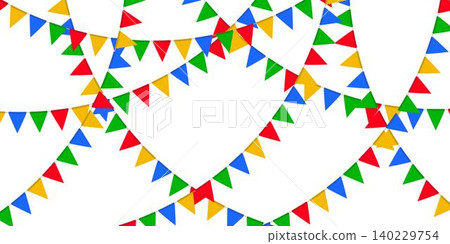 Red, green, yellow and blue flag garland. Triangle pennants chain. Festa Junina party decoration. Celebration flags for decor Red, green, yellow and blue flag garland. Triangle pennants chain. Festa Junina party decoration. Celebration flags for decor 140229754