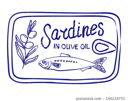 Retro-style of a sardine can label with hand drawn fish and text Sardines in olive oil. Simple monochrome graphic perfect for stickers and print Retro-style of a sardine can label with hand drawn fish and text Sardines in olive oil. Simple monochrome graphic perfect for stickers and print 140229755