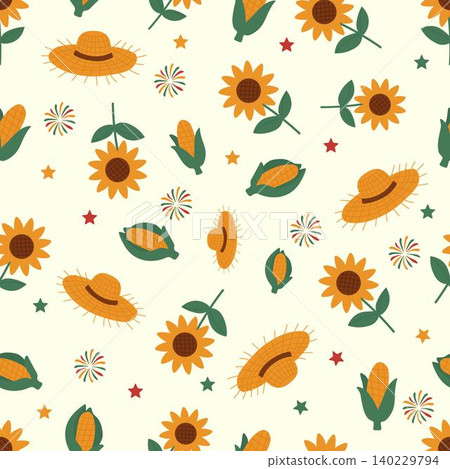 Seamless pattern with sunflowers, corn cobs, straw hats and festive fireworks. A cheerful rural-themed design for autumn festivals, harvest celebrations or farm-style packaging Seamless pattern with sunflowers, corn cobs, straw hats and festive fireworks. A cheerful rural-themed design for autumn festivals, harvest celebrations or farm-style packaging 140229794