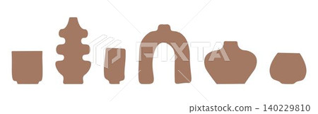 Set of abstract vase silhouettes in brown. Various modern, geometric pottery designs. Cozy home decor handmade boho 140229810