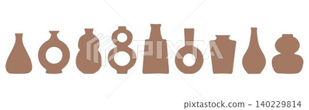 Set of abstract vase silhouettes in brown. Various modern, geometric pottery designs. Cozy home decor handmade boho Set of abstract vase silhouettes in brown. Various modern, geometric pottery designs. Cozy home decor handmade boho 140229814