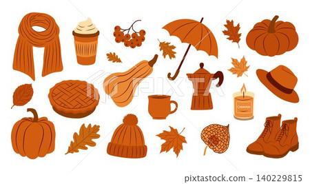 Set of autumn themed cozy elements. Perfect for fall designs, Thanksgiving decorations, greeting cards, posters and social media graphics Set of autumn themed cozy elements. Perfect for fall designs, Thanksgiving decorations, greeting cards, posters and social media graphics 140229815