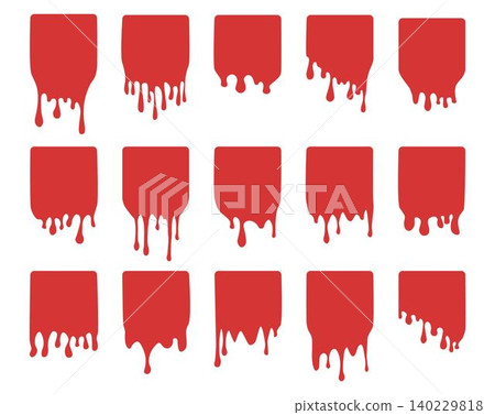 Set of blood drip square labels. Paint drip stickers. Red paint liquid. Red inkblot. Blood stains Set of blood drip square labels. Paint drip stickers. Red paint liquid. Red inkblot. Blood stains 140229818