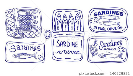 Set of canned fish sardines hand drawn minimal design. Retro canned design. Fish vintage artwork Set of canned fish sardines hand drawn minimal design. Retro canned design. Fish vintage artwork 140229821