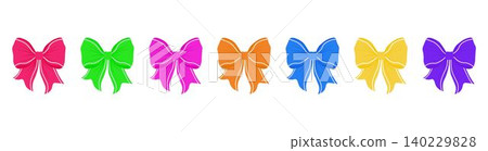 Set of colourful ribbon bows for decoration. Bowknots for hair decor. Trendy girls hair braiding accessories. Perfect for creating festive designs Set of colourful ribbon bows for decoration. Bowknots for hair decor. Trendy girls hair braiding accessories. Perfect for creating festive designs 140229828