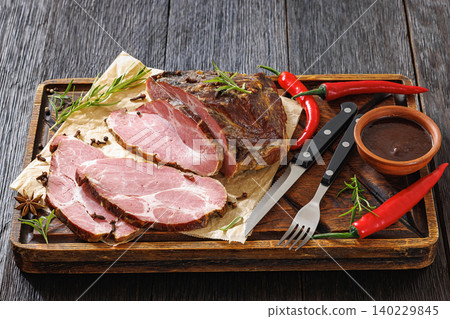 Smoked Pork Collar Thick Slices On Wooden Tray Smoked Pork Collar Thick Slices On Wooden Tray 140229845