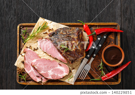 Thick Slices Of Smoked Pork Collar On Board Thick Slices Of Smoked Pork Collar On Board 140229851