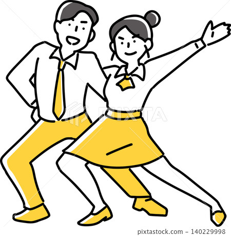 Male and female employees striking dance-like poses. 140229998
