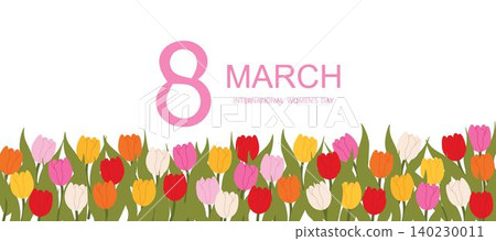 Simple greeting card design for March 8 celebration. Horizontal banner for Women's Day with tulips on a white background. Modern design for greetings Simple greeting card design for March 8 celebration. Horizontal banner for Women's Day with tulips on a white background. Modern design for greetings 140230011