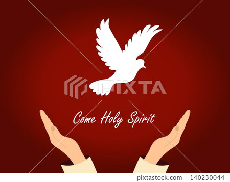 Two hands reaching up to a white dove, the Holy Spirit,  with the words Come Holy Spirit written underneath it. Ideal for religious themes, spiritual design, Pentecost 140230044