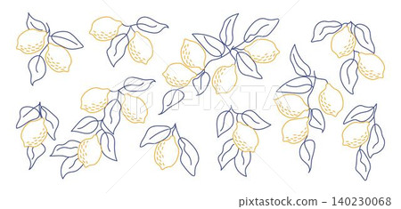 Set of hand-drawn lemon branches in minimal line art style. Perfect for modern aesthetics, botanical designs, kitchen decor, packaging, fabric patterns, summer-themed projects Set of hand-drawn lemon branches in minimal line art style. Perfect for modern aesthetics, botanical designs, kitchen decor, packaging, fabric patterns, summer-themed projects 140230068