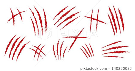 Set of red claws scratches animals. Four scratches shape. Wild animal claw marks. Funny design element Set of red claws scratches animals. Four scratches shape. Wild animal claw marks. Funny design element 140230083