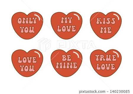 Set of six red cartoon hearts with love-themed messages, perfect for Valentine's Day designs. Groovy trendy retro 60s 70s style Set of six red cartoon hearts with love-themed messages, perfect for Valentine's Day designs. Groovy trendy retro 60s 70s style 140230085