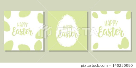 Set of three Easter greeting cards featuring a soft green and white color palette. Modern and minimalist holiday design for seasonal celebrations Set of three Easter greeting cards featuring a soft green and white color palette. Modern and minimalist holiday design for seasonal celebrations 140230090