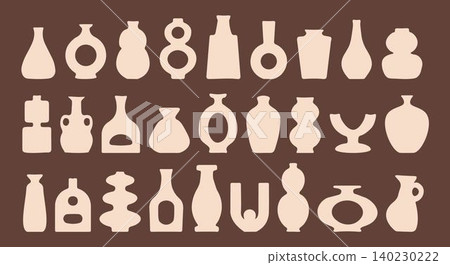 Big set of abstract vase silhouettes in brown. Various modern, geometric pottery designs. Cozy home decor handmade boho Big set of abstract vase silhouettes in brown. Various modern, geometric pottery designs. Cozy home decor handmade boho 140230222