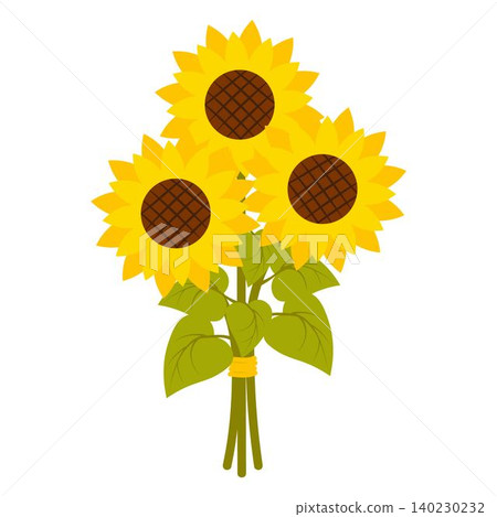 Bouquet of three sunflowers tied together with a yellow ribbon. Ideal for floral compositions, nature-themed designs, agricultural branding, and eco-friendly projects 140230232
