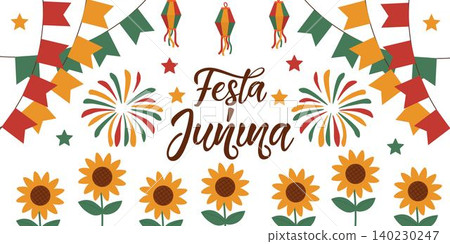 Colorful Festa Junina festival illustration featuring traditional Brazilian June party elements. Perfect for festive designs, invitations, banners, and event promotions Colorful Festa Junina festival illustration featuring traditional Brazilian June party elements. Perfect for festive designs, invitations, banners, and event promotions 140230247