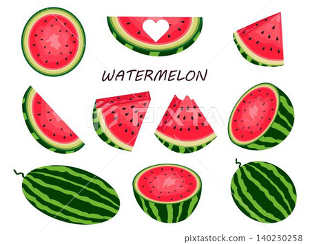 Cute summer collection with fresh and juicy whole watermelons and slices in different shapes Cute summer collection with fresh and juicy whole watermelons and slices in different shapes 140230258