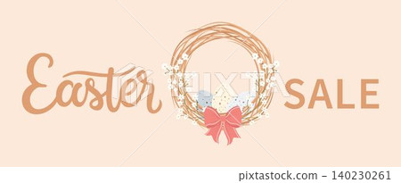 Decorative Easter wreath made of twigs willow with eggs and bow. Commercial banner for Easter holiday season shopping promotion and sale advertising Decorative Easter wreath made of twigs willow with eggs and bow. Commercial banner for Easter holiday season shopping promotion and sale advertising 140230261