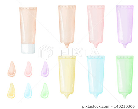一套水彩風格的插圖,用於繪製色彩豐富的色彩校正妝前乳。 一套水彩風格的插圖,用於繪製色彩豐富的色彩校正妝前乳。 140230306