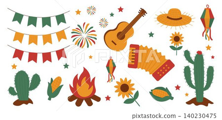 Festa Junina traditional elements with cactus, guitar, corn, fireworks and decorations. Ideal for June party design and celebration themes Festa Junina traditional elements with cactus, guitar, corn, fireworks and decorations. Ideal for June party design and celebration themes 140230475