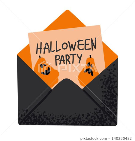 Halloween invitation card featuring in black envelope with pumpkins and bold Halloween Party lettering. Perfect for October party planning and seasonal designs Halloween invitation card featuring in black envelope with pumpkins and bold Halloween Party lettering. Perfect for October party planning and seasonal designs 140230482