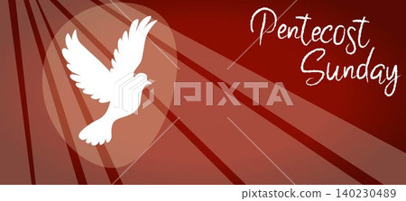 Illustration of a white dove with spread wings symbolizing the Holy Spirit, accompanied by the text Pentecost Sunday. Ideal for church events, religious posters, or Pentecost celebrations Illustration of a white dove with spread wings symbolizing the Holy Spirit, accompanied by the text Pentecost Sunday. Ideal for church events, religious posters, or Pentecost celebrations 140230489