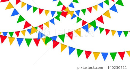 Red, green, yellow and blue flag garland. Triangle pennants chain. Festa Junina party decoration. Celebration flags for decor Red, green, yellow and blue flag garland. Triangle pennants chain. Festa Junina party decoration. Celebration flags for decor 140230511
