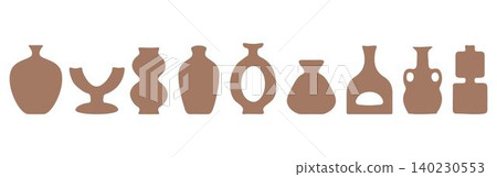 Set of abstract vase silhouettes in brown. Various modern, geometric pottery designs. Cozy home decor handmade boho Set of abstract vase silhouettes in brown. Various modern, geometric pottery designs. Cozy home decor handmade boho 140230553