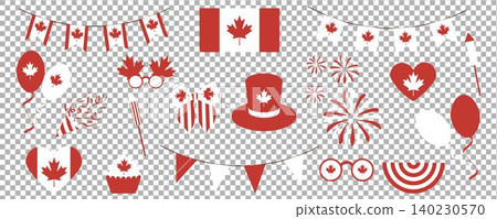 Set of symbols for Canada Day. Canadian flag, maple leaf, fireworks, bunting, balloons, hat, glasses, bow. Design elements for cards, invitations, banners, social media post Set of symbols for Canada Day. Canadian flag, maple leaf, fireworks, bunting, balloons, hat, glasses, bow. Design elements for cards, invitations, banners, social media post 140230570
