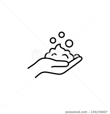 A gentle black and white line icon showing a hand holding soft cleansing foam or bubbles. Ideal for facial wash, soap, skincare steps, and skin preparation content. A gentle black and white line icon showing a hand holding soft cleansing foam or bubbles. Ideal for facial wash, soap, skincare steps, and skin preparation content. 140230607