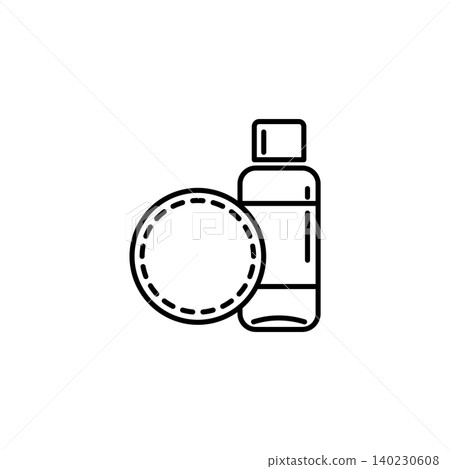 A clean outline icon featuring a cosmetic toner or lotion bottle next to a circular cotton pad. Designed for skincare routine guides, beauty blogs, and facial care instructions. A clean outline icon featuring a cosmetic toner or lotion bottle next to a circular cotton pad. Designed for skincare routine guides, beauty blogs, and facial care instructions. 140230608