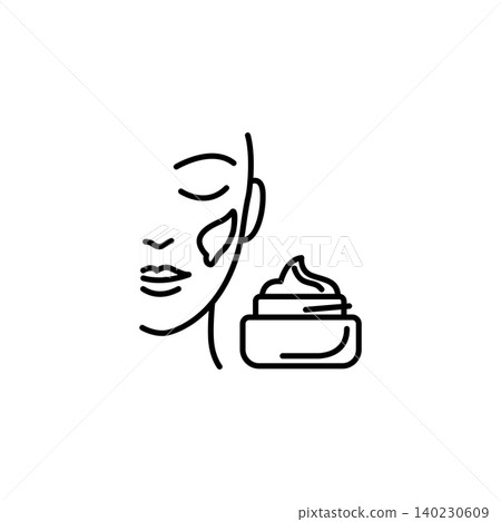 A modern line art icon showcasing a woman's facial profile next to an open moisturizer cream jar. Perfect for skincare routine infographics, hydration products, and spa treatments. A modern line art icon showcasing a woman's facial profile next to an open moisturizer cream jar. Perfect for skincare routine infographics, hydration products, and spa treatments. 140230609