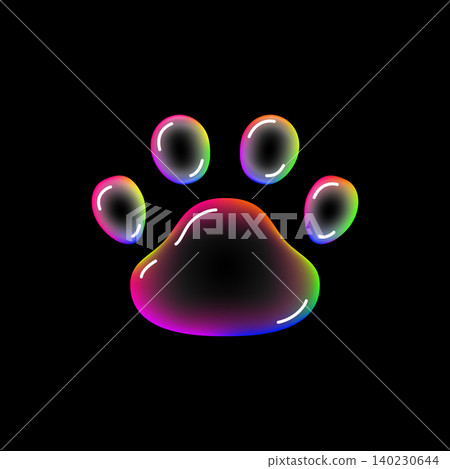 A neon-colored cat paw-shaped soap bubble illustration that stands out against a black background. A neon-colored cat paw-shaped soap bubble illustration that stands out against a black background. 140230644