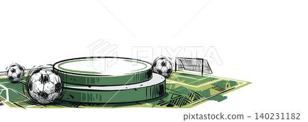 Blank round podium for placed product presentation at the middle of soccer field with soccer balls hand drawn childish style on white background have blank space. Blank round podium for placed product presentation at the middle of soccer field with soccer balls hand drawn childish style on white background have blank space. 140231182