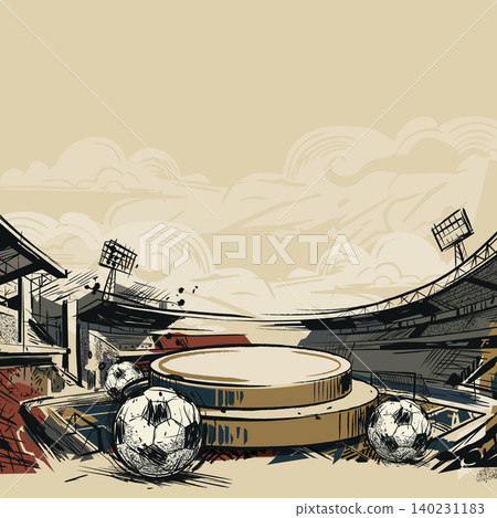 Blank round podium for placed product presentation at the middle of soccer stadium with soccer balls hand drawn childish style on beige square background have blank space. 140231183